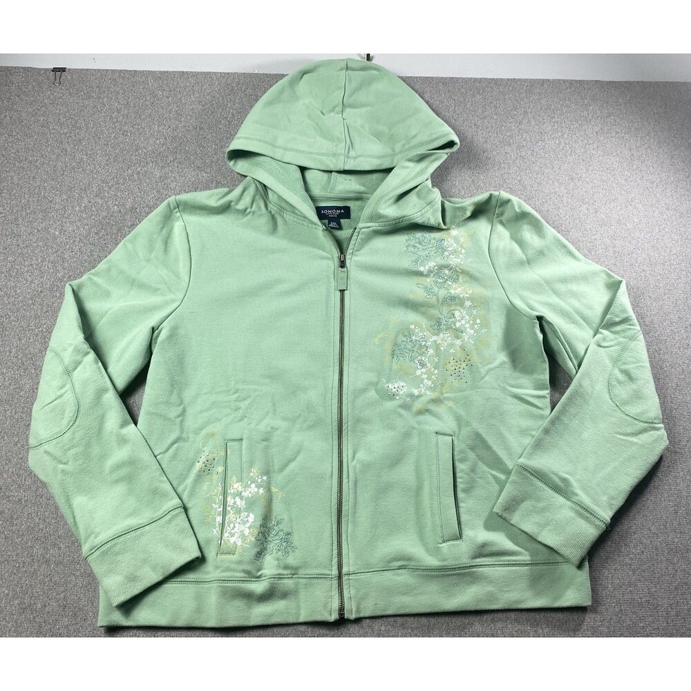 Sonoma Life Style Petite Green Floral Embroidered Zip Up Hoodie Sweatshirt PXL